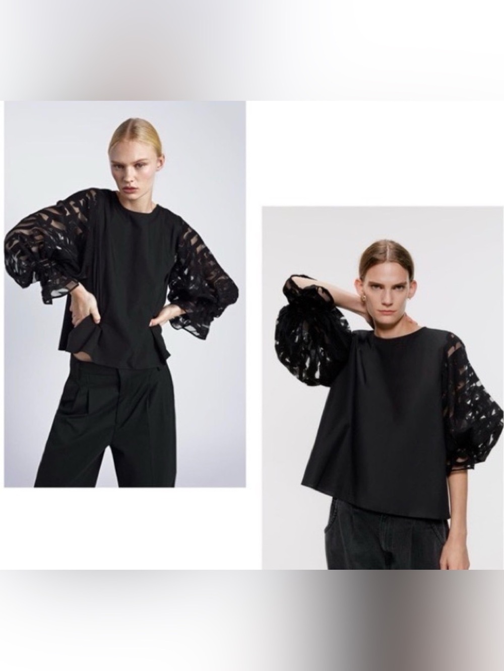 Zara black long-sleeve blouse with sheer puff sleeves and shirred cuffs